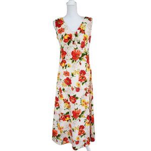 Vintage 70s Floral sleeveless maxi dress with low V neck